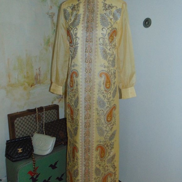 Vintage 60s 70s Alfred Shaheen Kaftan Long Sleeve Yellow Hawaiian Maxi Dress 10 - Picture 4 of 15